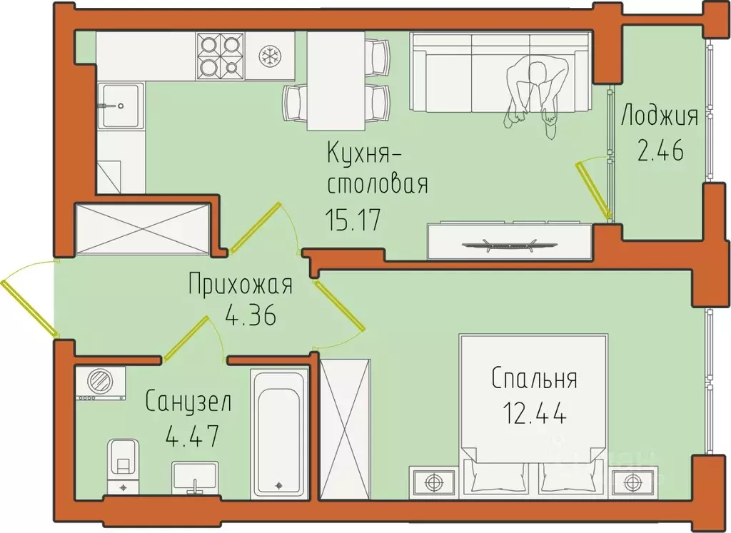 1-к кв. Калининградская область, Светлогорск пос. Отрадное,  (38.9 м) - Фото 1