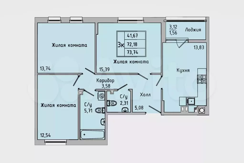 3-к. квартира, 73,7 м, 1/7 эт. - Фото 0