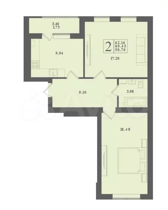2-к. квартира, 62,2 м, 2/4 эт. - Фото 1