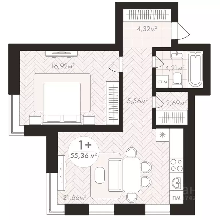 1-к кв. Башкортостан, Уфа Южный-2 мкр,  (55.36 м) - Фото 1