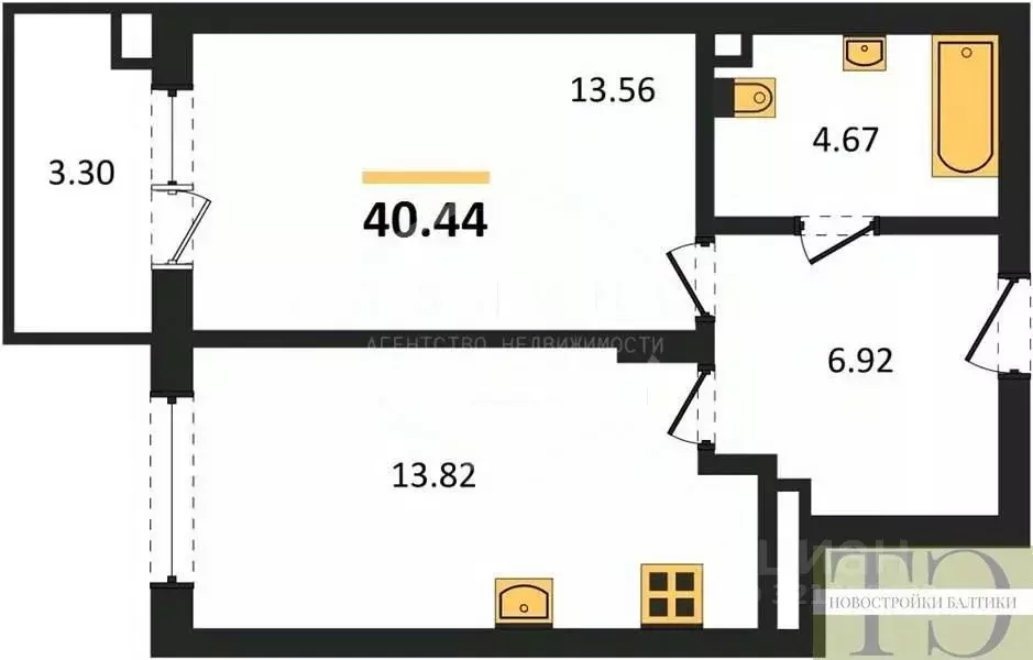 1-к кв. Калининградская область, Калининград ул. Ломоносова, 52 (40.44 ... - Фото 0