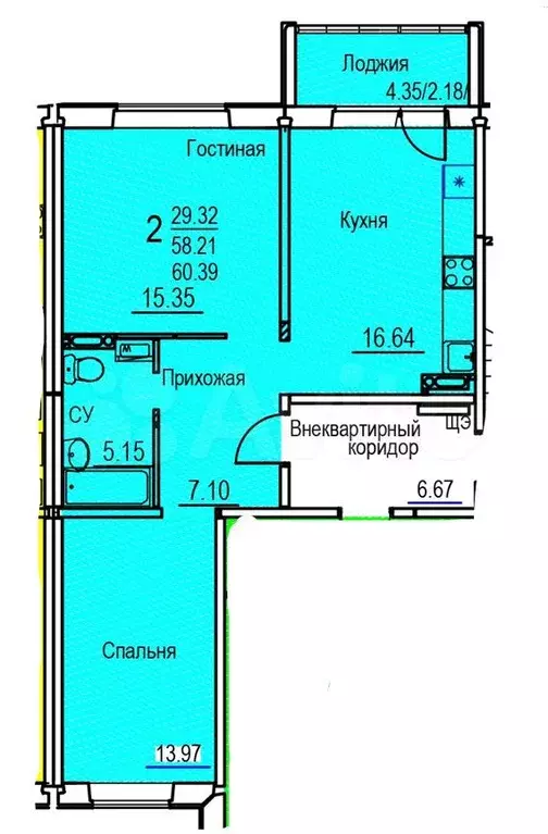 2-к. квартира, 60,4 м, 3/7 эт. - Фото 0