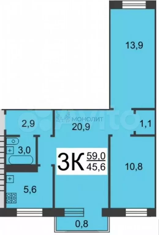 3-к. квартира, 59 м, 3/5 эт. - Фото 0