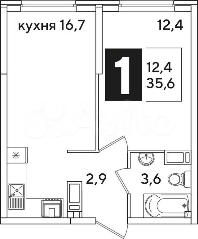 1-к. квартира, 35,6 м, 13/16 эт. - Фото 0