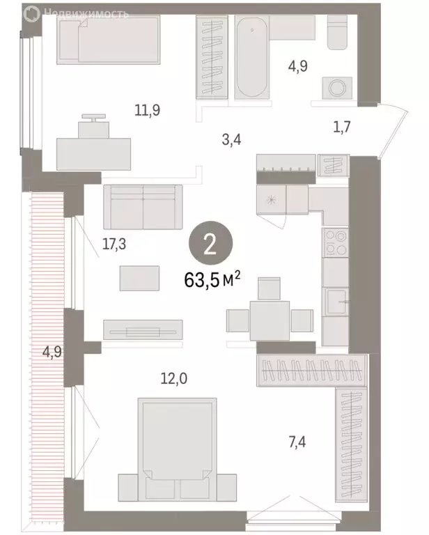 2-комнатная квартира: Новосибирск, улица Аэропорт, 90 (63.47 м) - Фото 2