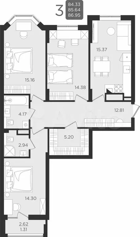 3-к. квартира, 85,6 м, 6/9 эт. - Фото 1