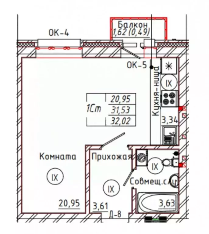 1-к кв. Новосибирская область, Новосибирск Рубежная ул., 56 (32.02 м) - Фото 1