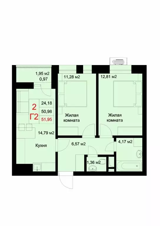 2-комнатная квартира: Казань, улица Рауиса Гареева, 78Б (51.95 м) - Фото 0
