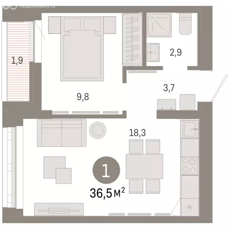 1-комнатная квартира: Екатеринбург, улица Гастелло, 19А (36.54 м) - Фото 1
