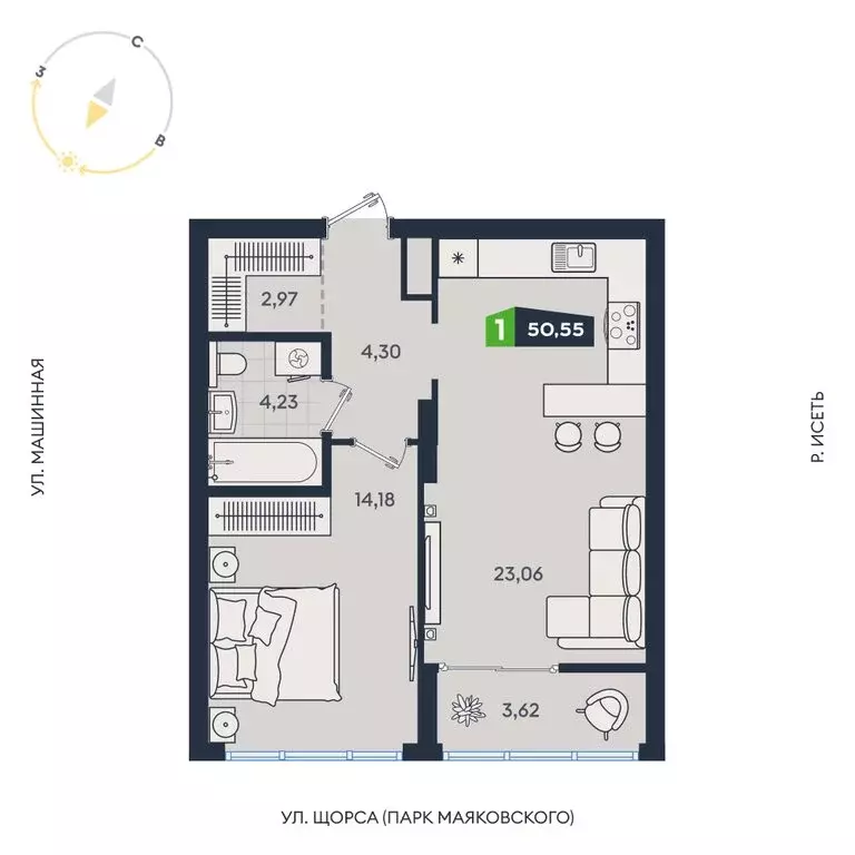 1-комнатная квартира: Екатеринбург, Машинная улица, 1В/4 (50.55 м) - Фото 1