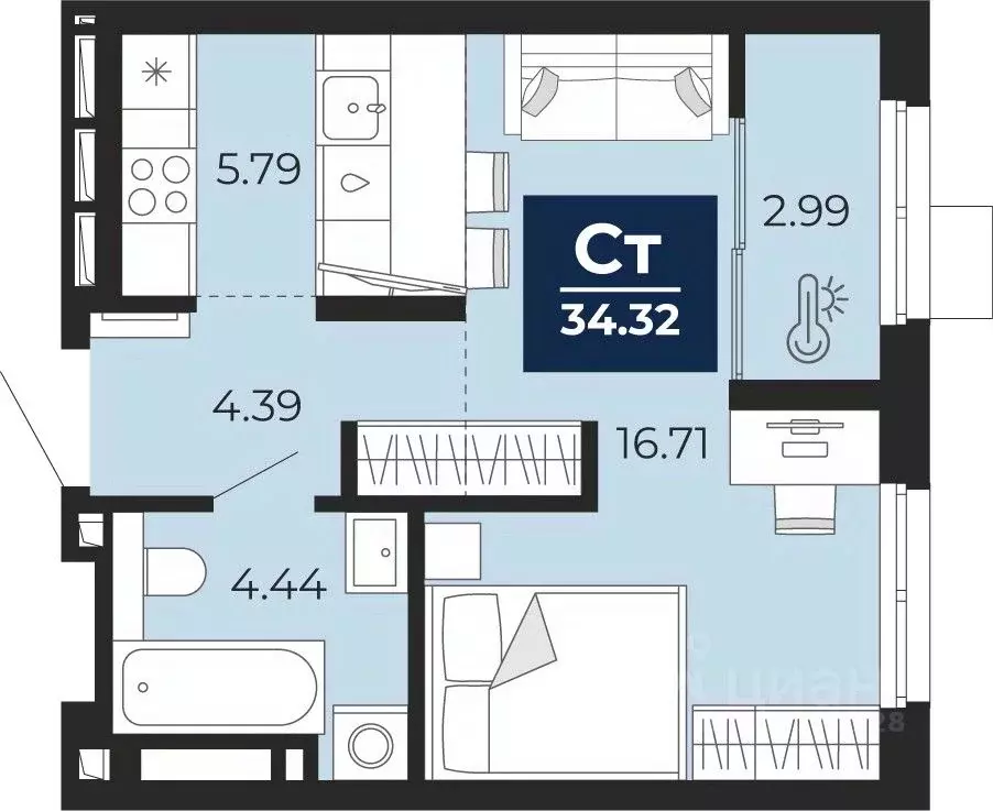 Студия Тюменская область, Тюмень Беринг жилой комплекс (34.32 м) - Фото 1