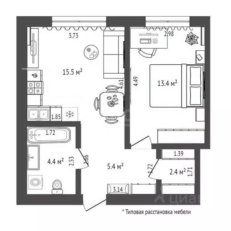 1-к кв. Тюменская область, Тюмень Новгородская ул., 22 (41.1 м) - Фото 2