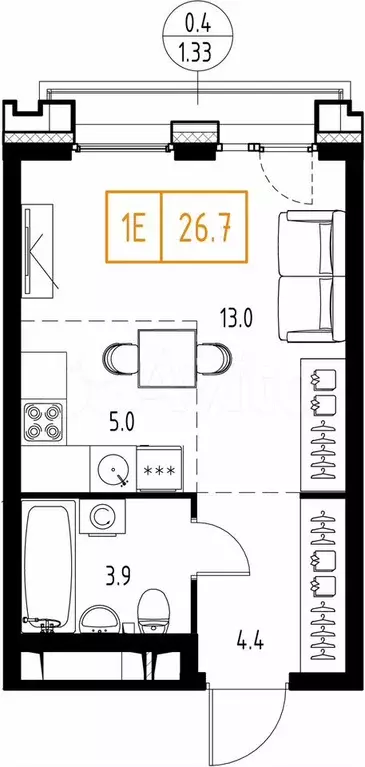 Квартира-студия, 26,7 м, 8/9 эт. - Фото 0