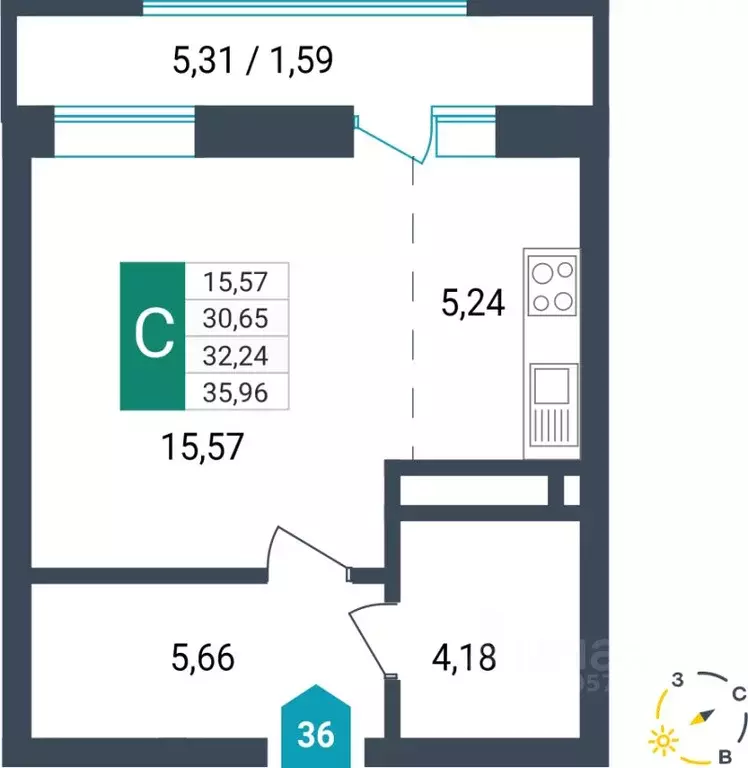 Студия Забайкальский край, Чита ул. Бабушкина, 42Б (32.24 м) - Фото 1