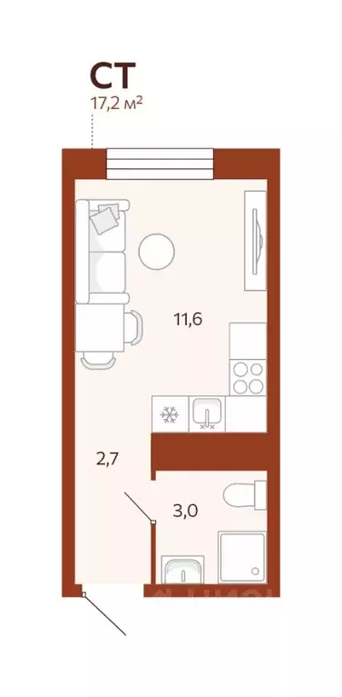 Студия Тюменская область, Тюмень ул. Новаторов, 30 (17.24 м) - Фото 0