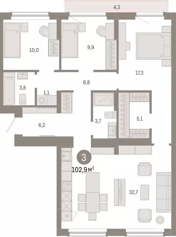 3-к кв. Новосибирская область, Новосибирск Лебедевский кв-л,  (102.9 ... - Фото 0