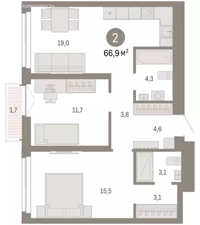 2-комнатная квартира: Новосибирск, Большевистская улица, 66 (66.86 м) - Фото 2