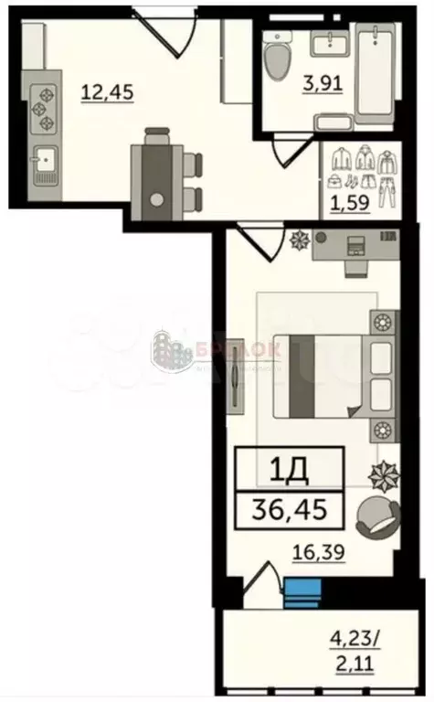 1-к. квартира, 37 м, 4/25 эт. - Фото 0