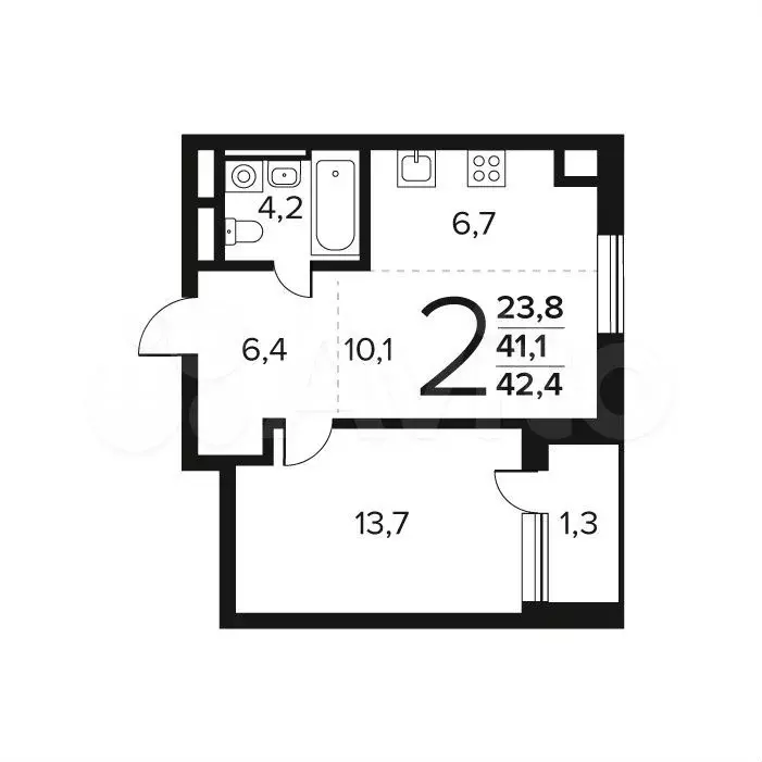 2-к. квартира, 42,4 м, 4/9 эт. - Фото 0