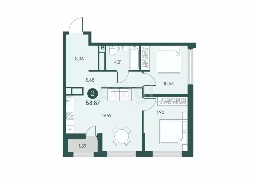 2-комнатная квартира: Курган, 18-й микрорайон, 7 (58.8 м) - Фото 1