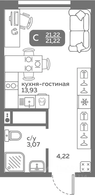 Студия Тюменская область, Тюмень ул. Вадима Бованенко, 10 (21.22 м) - Фото 0