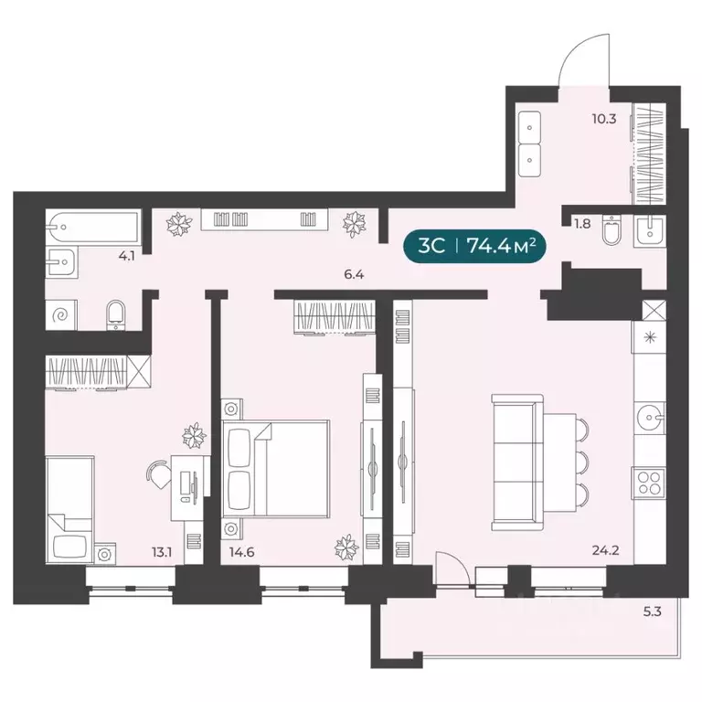 3-к кв. Новосибирская область, Новосибирск Приморская ул., 15с1 (74.4 ... - Фото 1