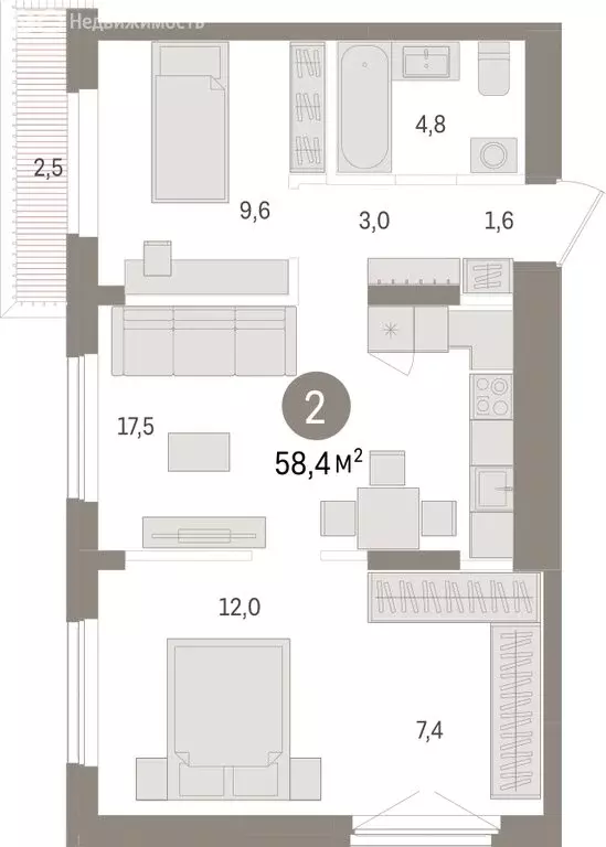 2-комнатная квартира: Новосибирск, улица Аэропорт (58.36 м) - Фото 1