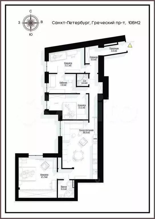 4-к кв. Санкт-Петербург Греческий просп., 12 (106.0 м) - Фото 2