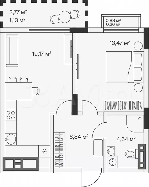 1-к. квартира, 45,5 м, 7/7 эт. - Фото 1