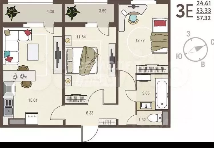 3-к кв. Курская область, Курск ул. Энгельса, 115 (85.0 м) - Фото 1