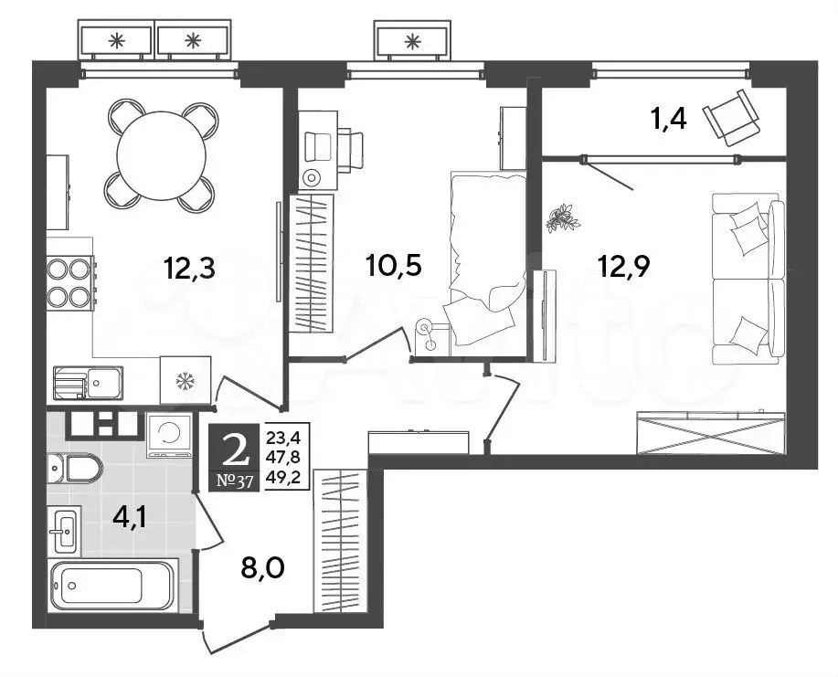 2-к. квартира, 49,2 м, 8/9 эт. - Фото 1