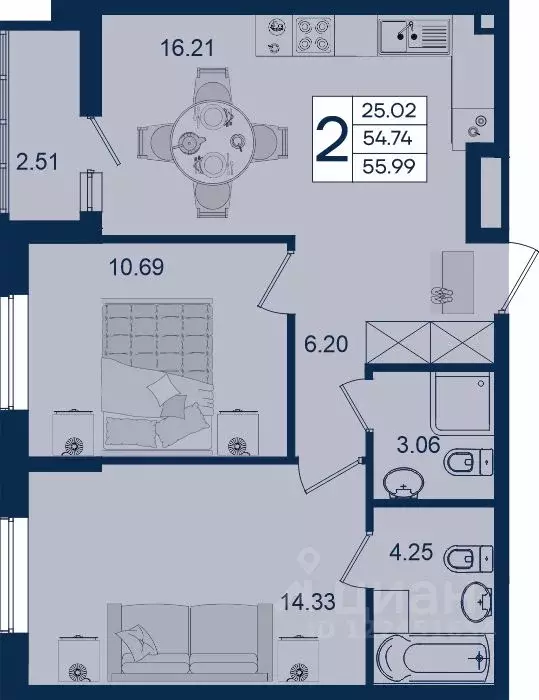2-к кв. Краснодарский край, Краснодар  (55.99 м) - Фото 1