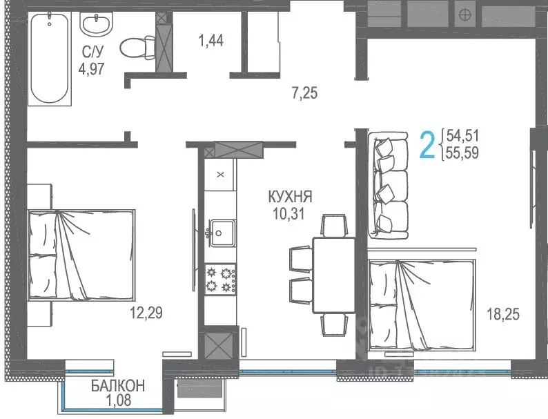 2-к кв. Крым, Симферопольский район, Гвардейское пгт, Республика жилой ... - Фото 1