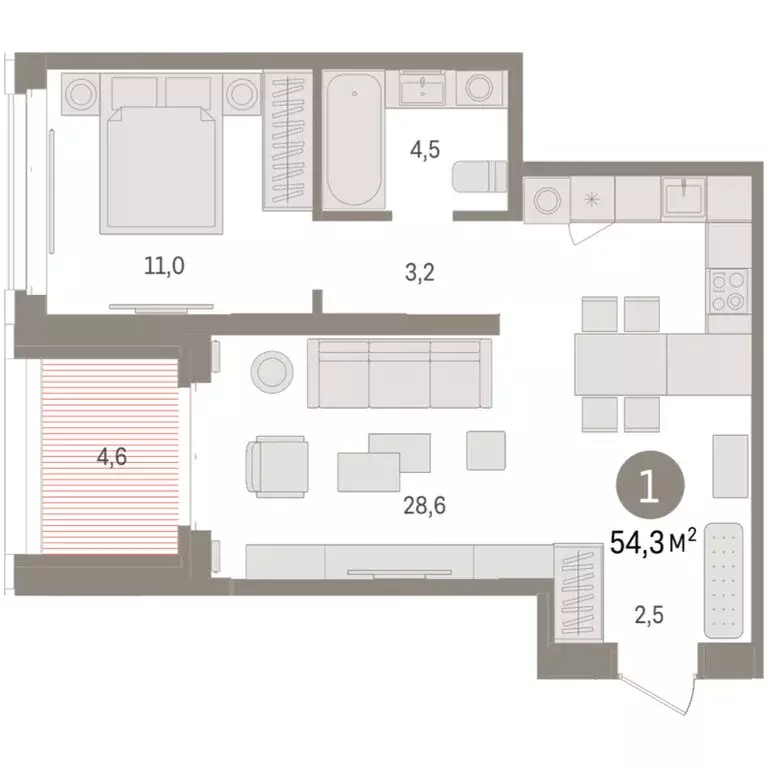 1-комнатная квартира: Тюмень, жилой комплекс На Минской (54.34 м) - Фото 2