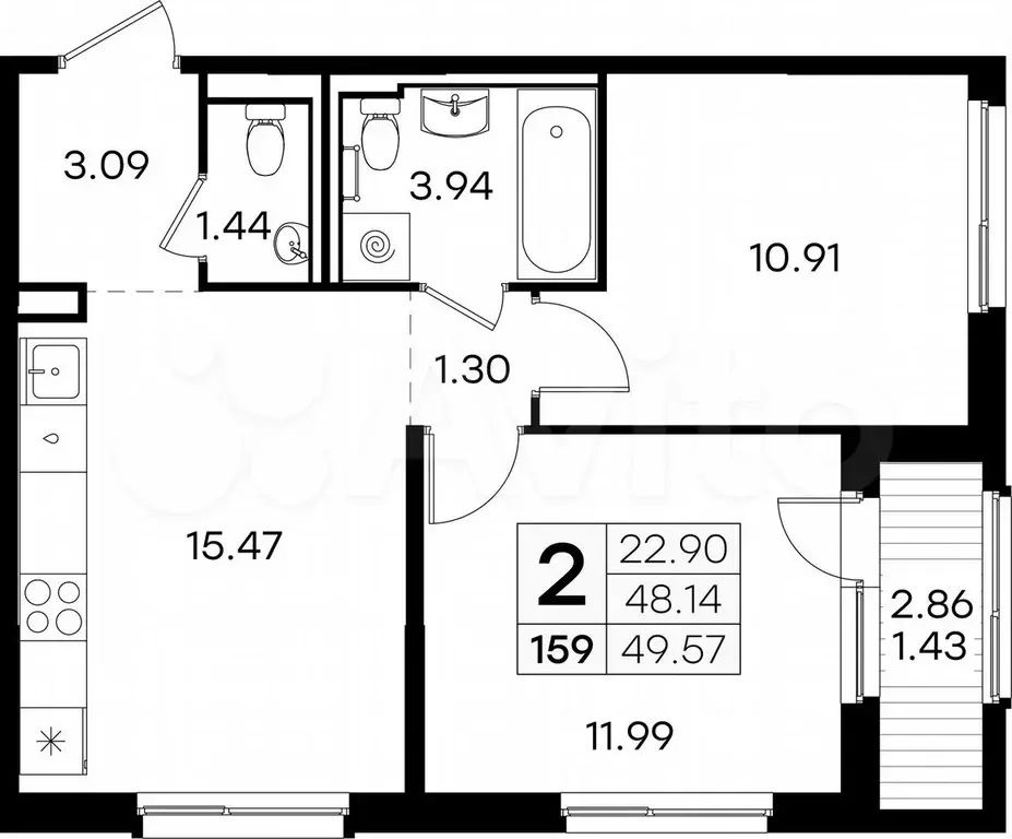 2-к. квартира, 49,6 м, 5/9 эт. - Фото 0