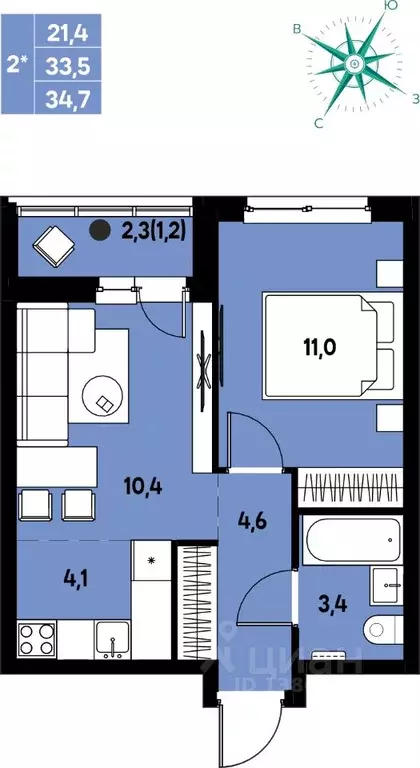 Студия Пермский край, д. Кондратово Мы жилой комплекс (34.7 м) - Фото 1