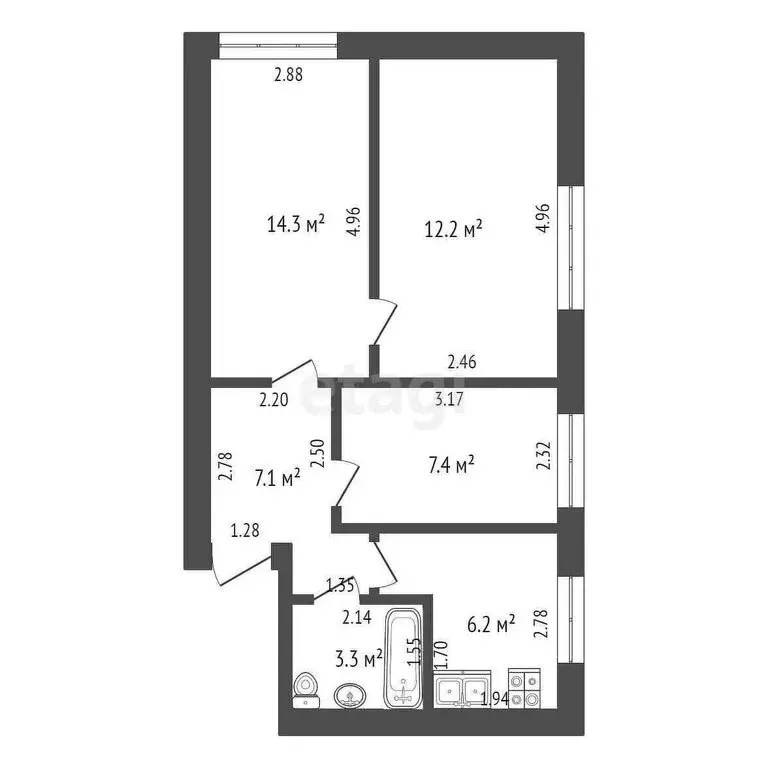 3-комнатная квартира: Ишим, Казанская улица, 34А (50.5 м) - Фото 0