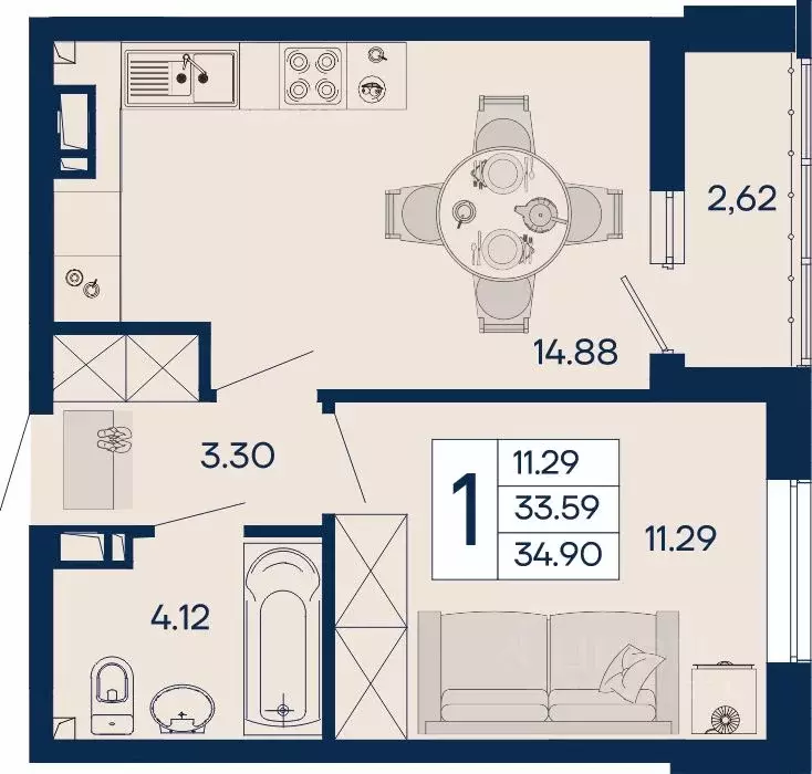 1-к кв. Краснодарский край, Краснодар  (34.9 м) - Фото 1