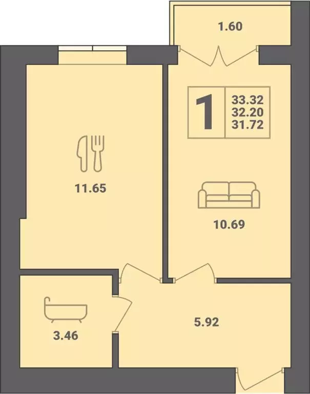 1-комнатная квартира: Пионерский, улица Гептнера, 17 (33.32 м) - Фото 0