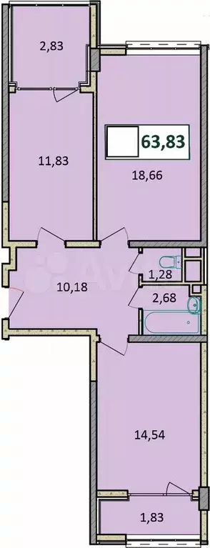 3-к. квартира, 63,8 м, 3/9 эт. - Фото 1