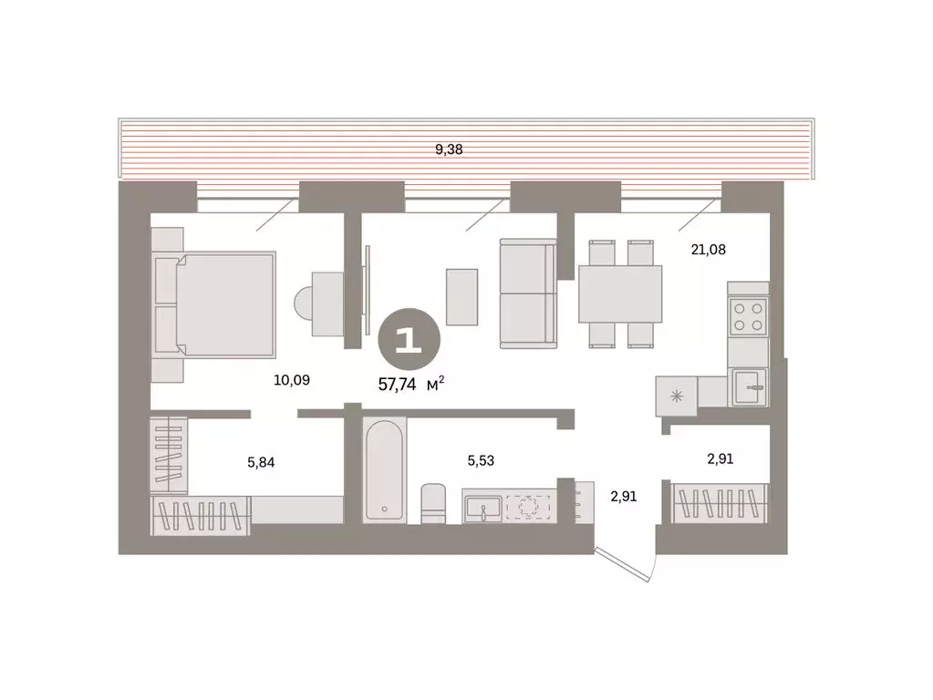 1-комнатная квартира: Тюмень, Причальная улица, 7 (57.74 м) - Фото 1
