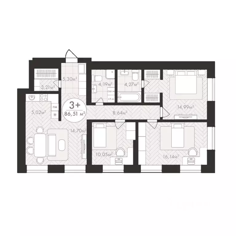 3-к кв. Башкортостан, Уфа Южный-2 мкр,  (86.51 м) - Фото 1