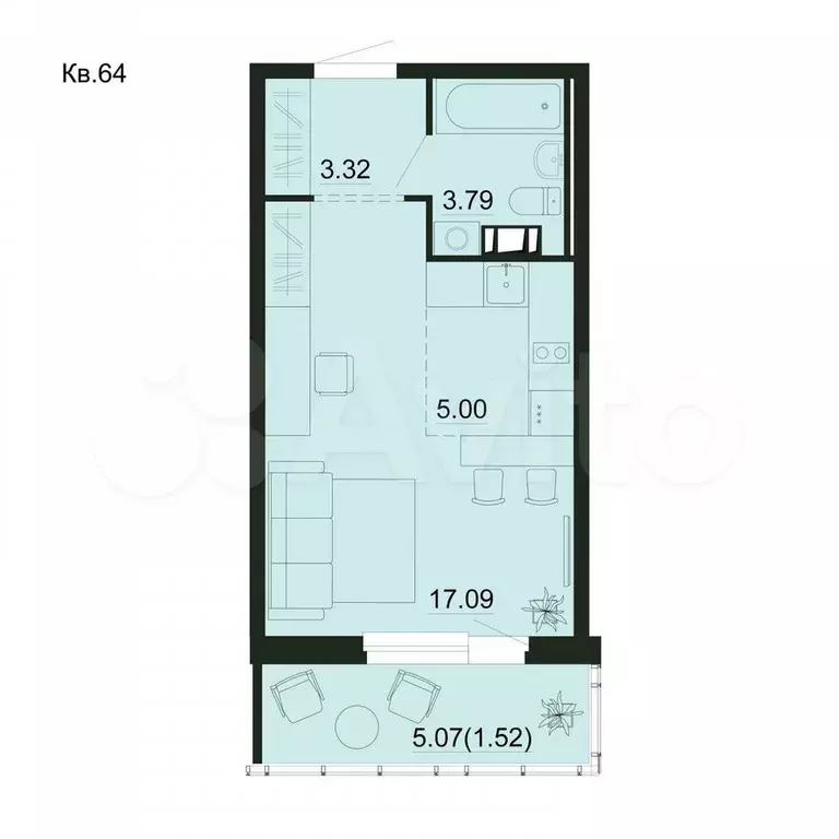 Квартира-студия, 30,7 м, 3/5 эт. - Фото 1