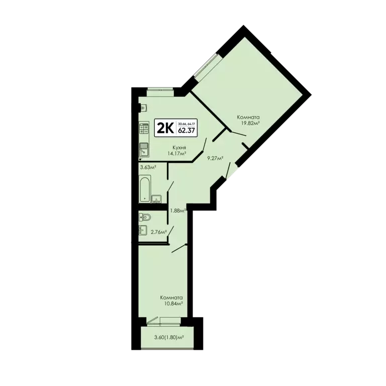 2-к квартира, 62.37 м - Фото 0