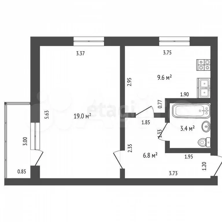 1-к. квартира, 38,8 м, 3/4 эт. - Фото 0