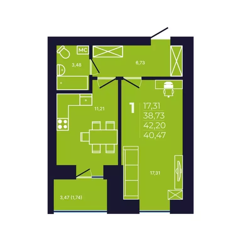 1-комнатная квартира: Уфа, улица Михаила Зайцева, 6 (40.4 м) - Фото 1