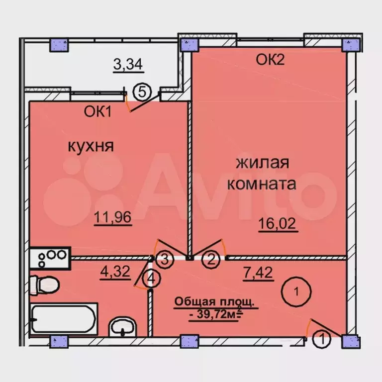 1-к. квартира, 42,4м, 3/5эт. - Фото 0