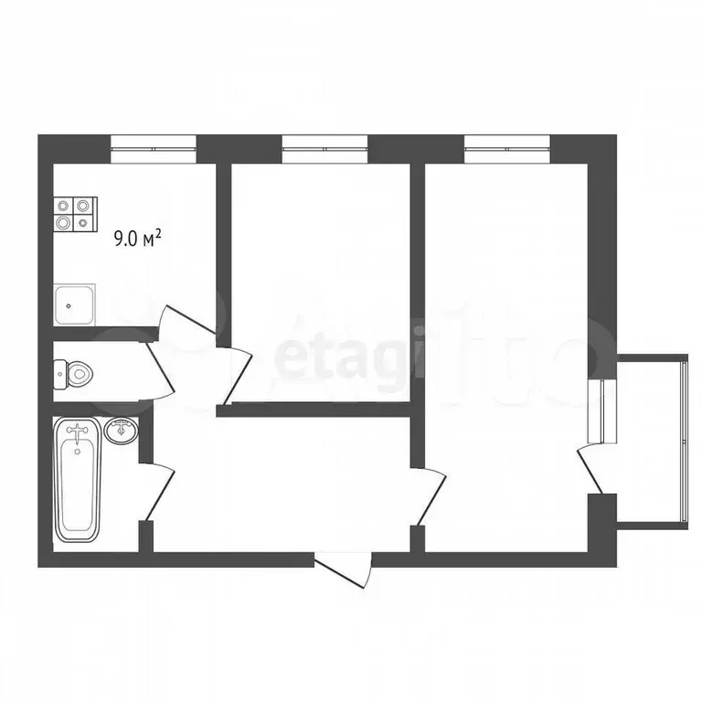 2-к. квартира, 51,6 м, 4/9 эт. - Фото 0