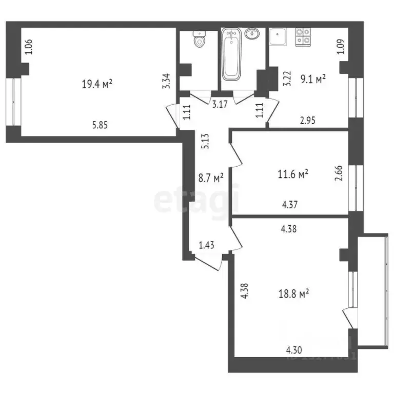 3-к кв. Ямало-Ненецкий АО, Ноябрьск ул. Энтузиастов, 5Б (74.7 м) - Фото 2