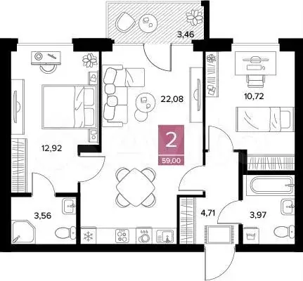 2-к. квартира, 59 м, 6/9 эт. - Фото 0